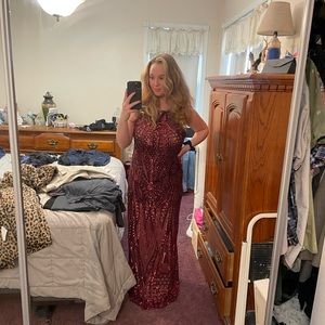 David’s Bridal Burgundy Sequin Prom Dress